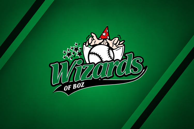 Gecentreerd logo van Wizards of Boz met clubkleuren als achtergrond